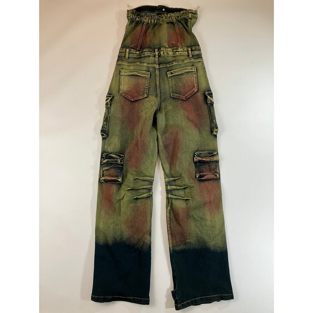 Daisy Women's XL Strapless Cargo Denim Jumpsuit Multicolor Acid Wash Y2K NWT - Picture 6 of 8